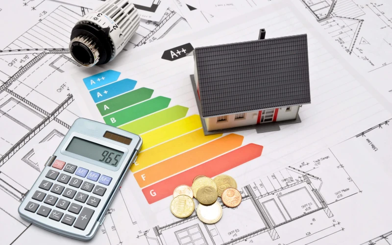Hausmodell auf einer Energieeffizienzskala, daneben Taschenrechner, Thermostatkopf und M&uuml;nzen